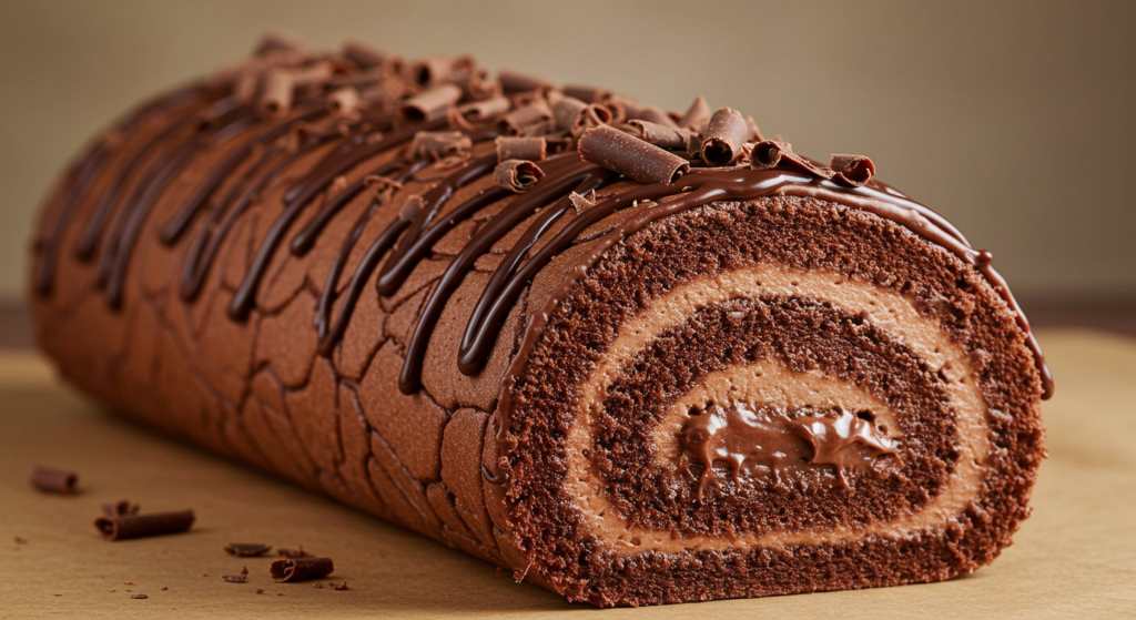 A Triple Chocolate Roll Cake with ganache drizzled over the top, garnished with chocolate shavings.