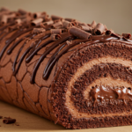 A Triple Chocolate Roll Cake with ganache drizzled over the top, garnished with chocolate shavings.