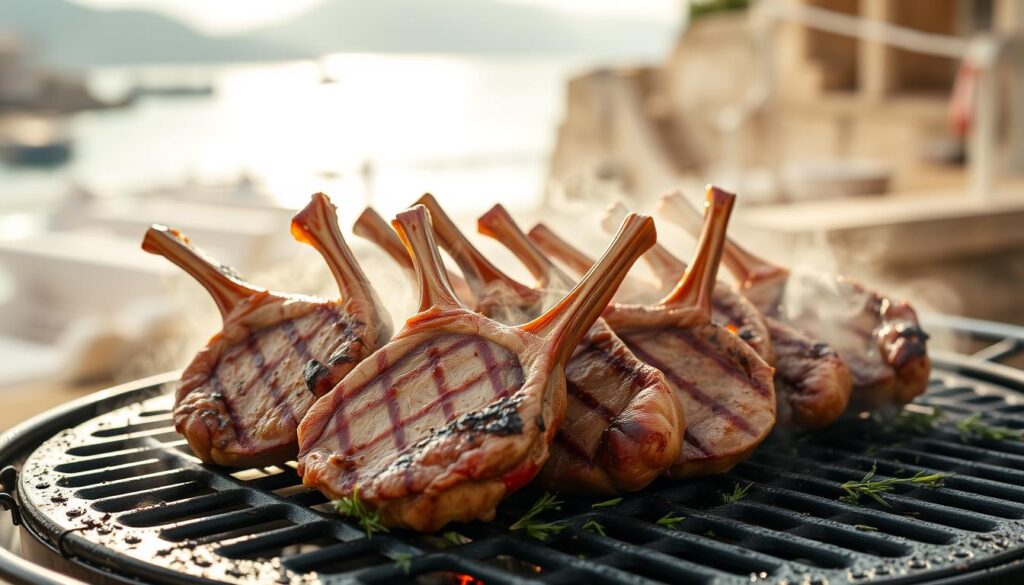 Greek lamb chops on a mediterranean grill