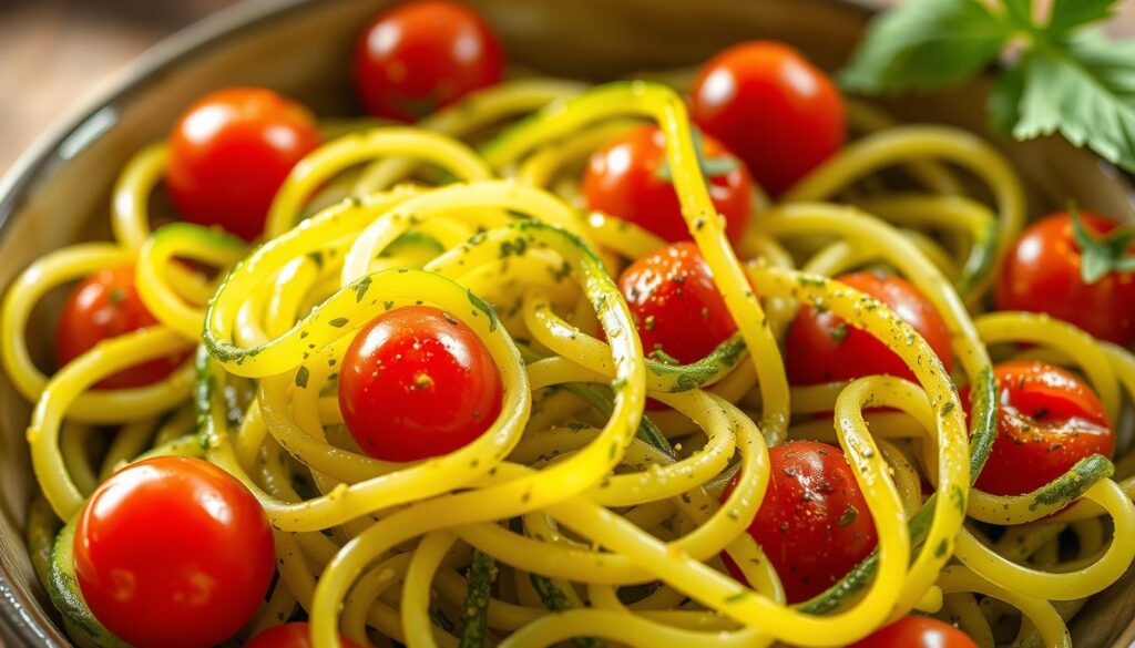 Zucchini Noodles with Pesto and Cherry Tomatoes